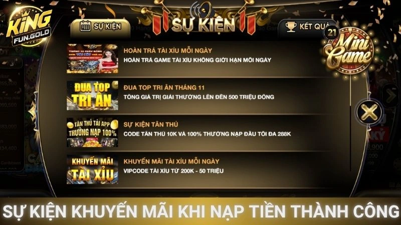 Sự kiện khuyến mãi khi nạp tiền thành công